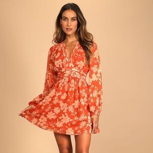 Gleaming Garden Rust Orange Floral Print Long Sleeve Mini Dress - Medium